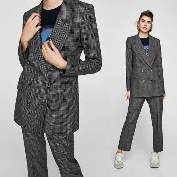 zara double breasted checked blazer